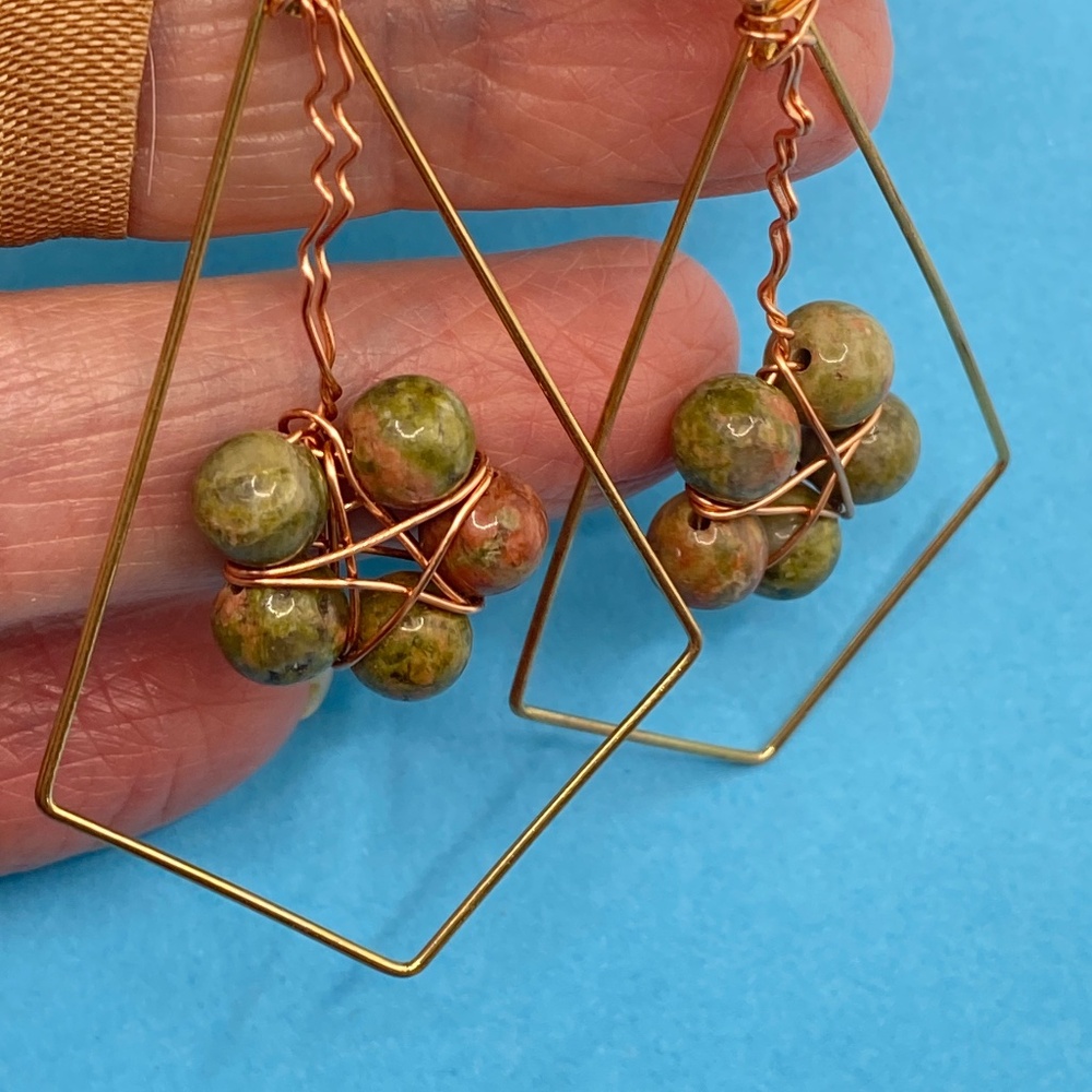 Unakite Gemstone Earrings GAIA RELICS Handcrafted Copper Wire Green Stone 3"